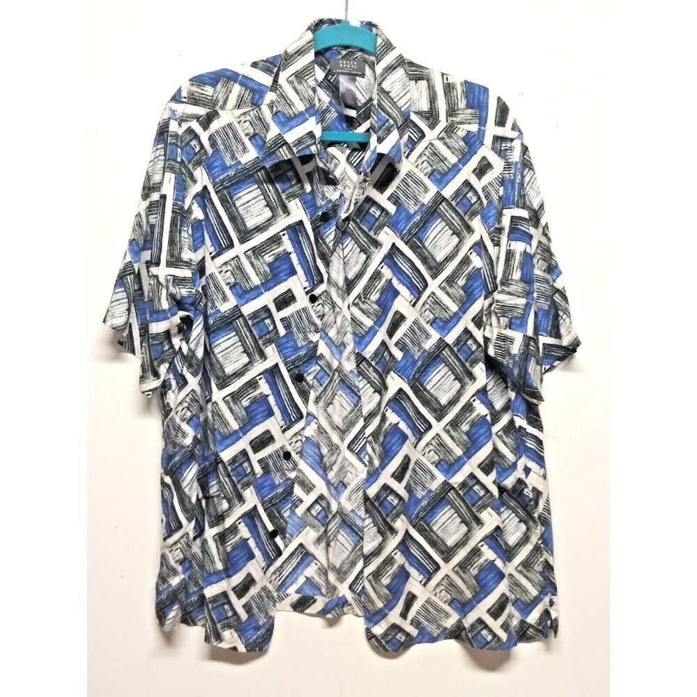 Crazy Horse Men's Button up Shirt Blue white Geometric print Rayon Size XL EUC
